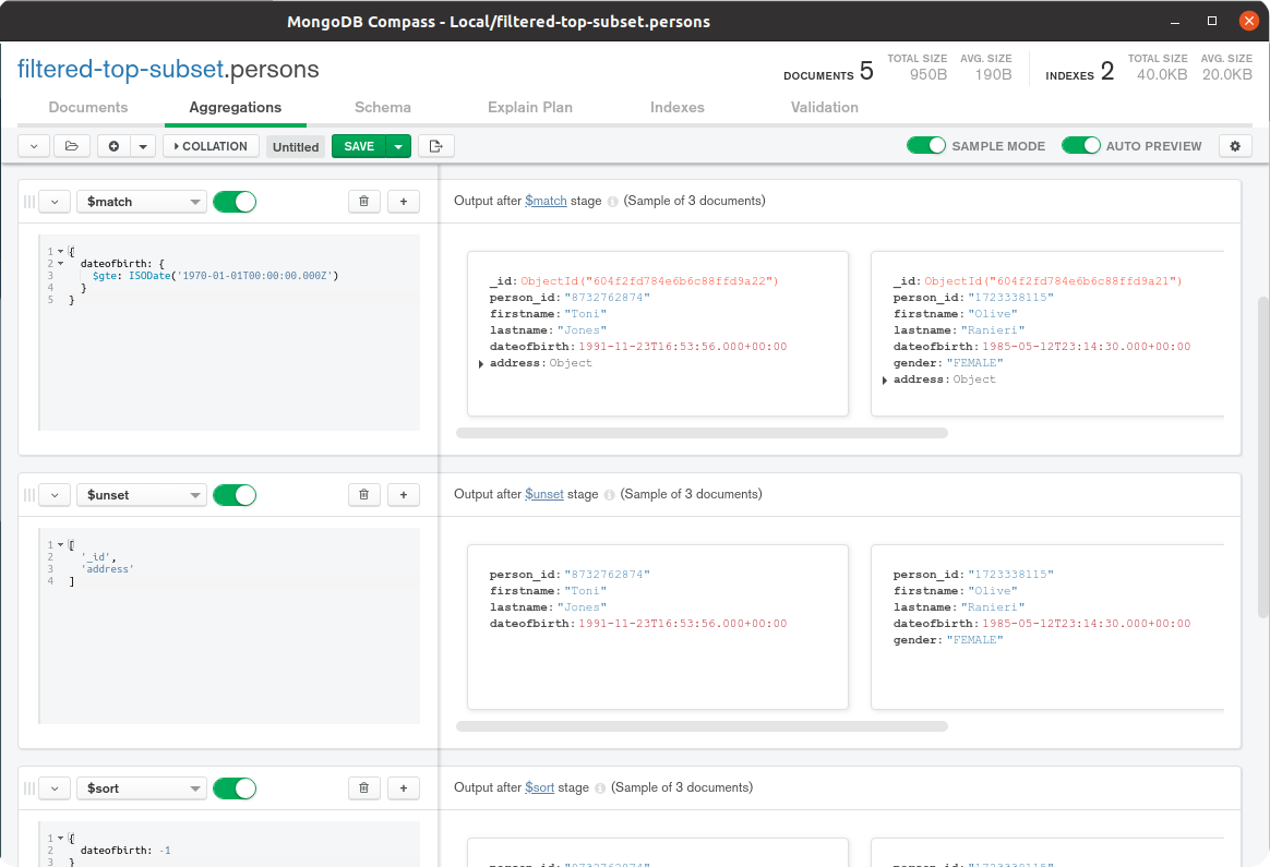 MongoDB Compass GUI tool for building database aggregation pipelines
