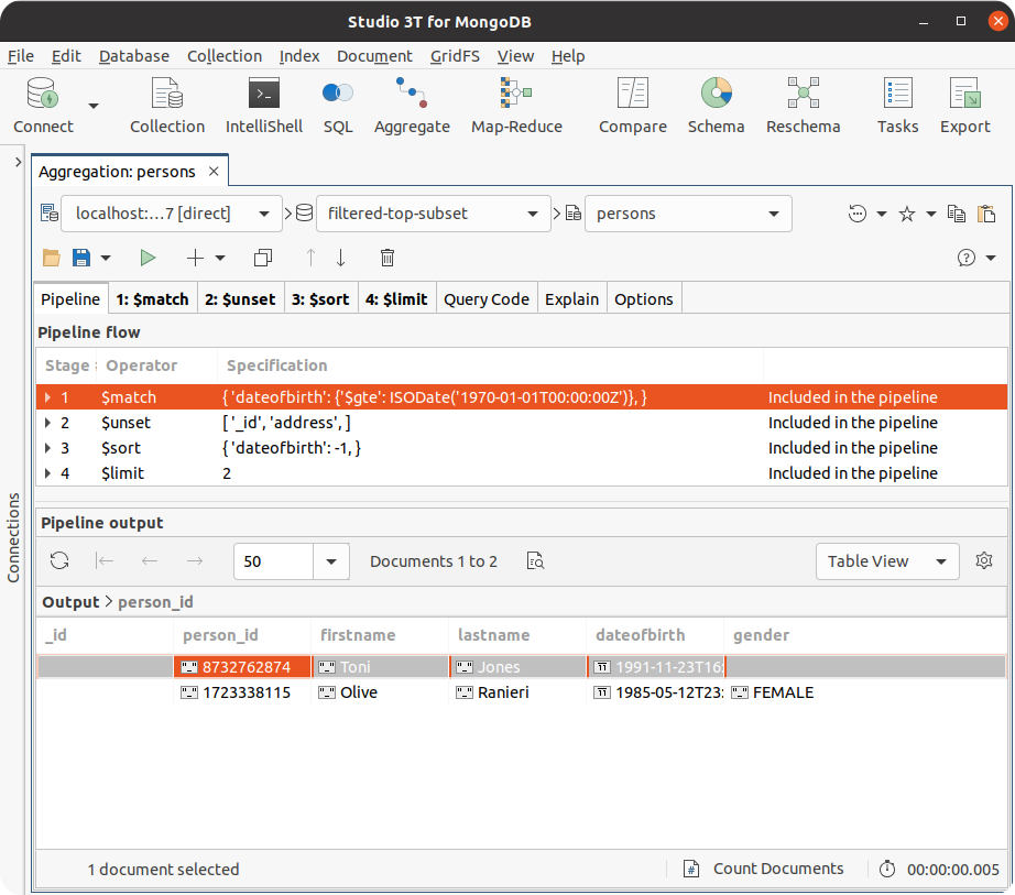 Studio 3T GUI tool for building database aggregation pipelines