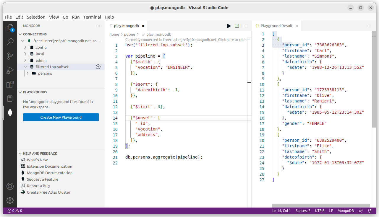 MongoDB For VS Code playground for building and testing database aggregation pipelines